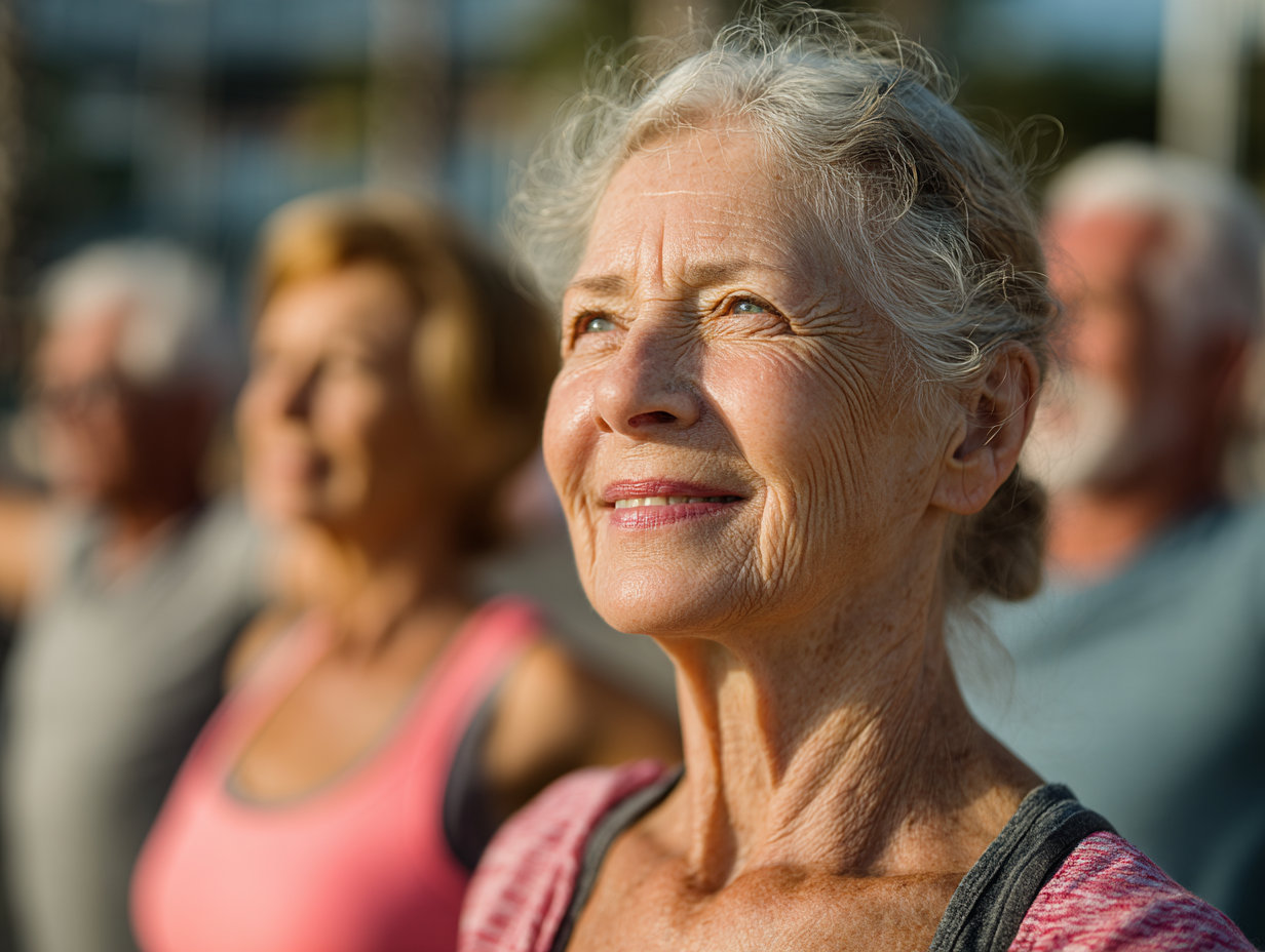 Група възрастни хора прави дихателни упражнения